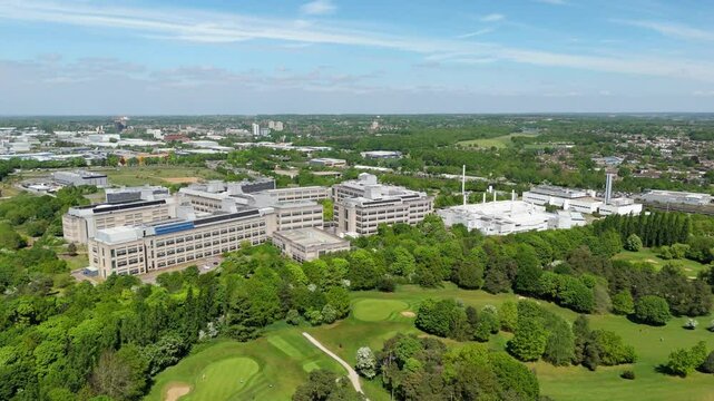 Aerial drone view GSK factory building manufacturing Pharmaceuticals England UK Stevenage UK