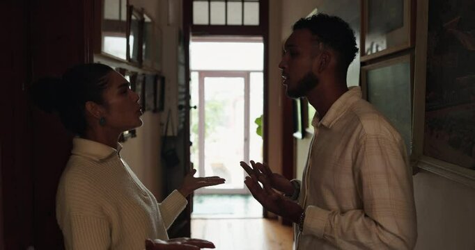 Argument, upset and couple in home with conflict, infidelity or cheating problem in marriage. Angry, conversation and man fighting with woman for affair, breakup or toxic relationship in house.