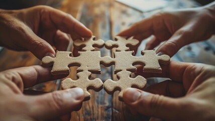 The picture of people together solving problem supporting team with fresh idea. Complex puzzle hard to be solved by human. Group of person find solution and strategy for mysterious jigsaw game. AIG53.
