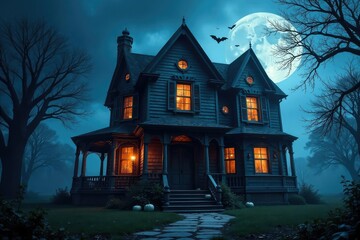 Spooky haunted house facade with cobwebs & bats, web, halloween, grave