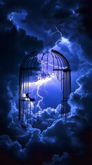 Broken cage, storm clouds, freedom