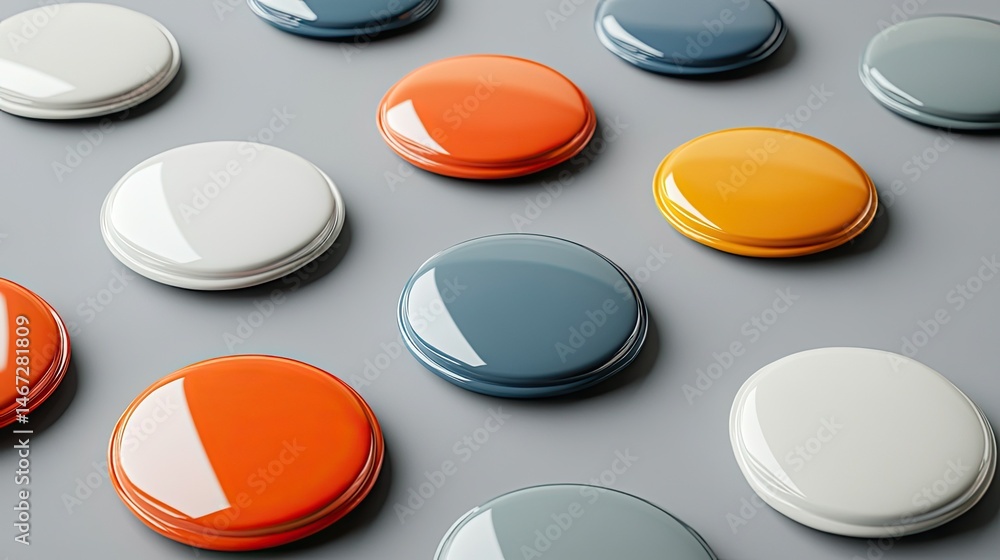 Poster multiple different sized badges mockup on a grey background for promotional use
