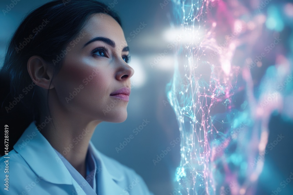 Poster scientist in lab coat examines holographic display of interconnected nodes, symbolizing data, resear