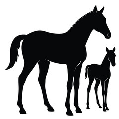 Majestic Mare and Foal A Black and White Silhouette Illustration