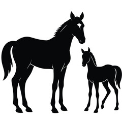 Majestic Mare and Foal A Black and White Silhouette Illustration