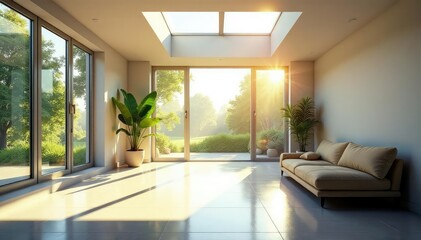 Obraz premium Sunlight streams through a large skylight, illuminating a bright interior space , high window, bright room, glass