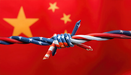 Obraz premium Barbed wire with china flag in background. Ameriacan - China conflict