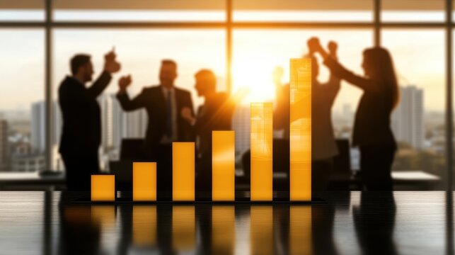 Business team celebrating financial growth success with rising bar graph at sunset silhouette symbolizing positive performance increase