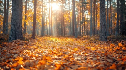 Finnish autumn forest with warm sunlight shining on golden leaves