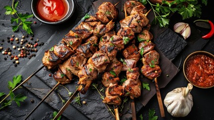 Delicious pork shish kebab with bone on dark background with kitchen decor and utensils