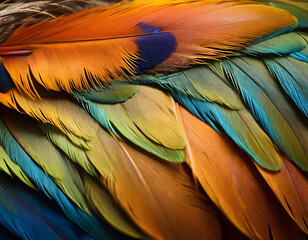 Obraz premium Beautiful colorful feather bird texture background, close-up of a feather, colorful feathers background for peace, creative texture banner with feathers of birds