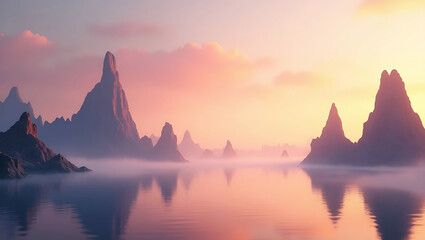 Jagged Rock Spires Reflecting in Tranquil Waters Under a Painted Sky