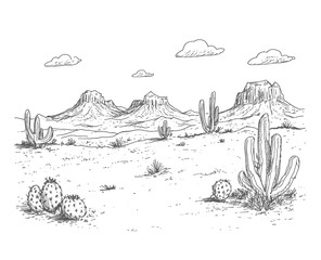 Hand-drawn black and white desert prairie with cactuses and Western mountains. Rodeo cowboy scene in vintage ink style. Ideal for backgrounds, prints, or coloring pages.