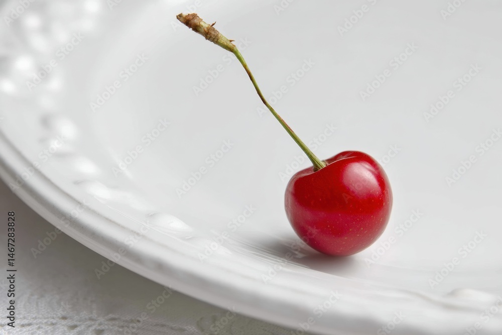 Poster red cherry with a green stem resting on the edge of a pristine white plate captured in a soft, brigh