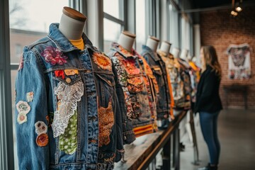 Obraz premium Three colorful denim jackets are displayed on mannequins in a store window