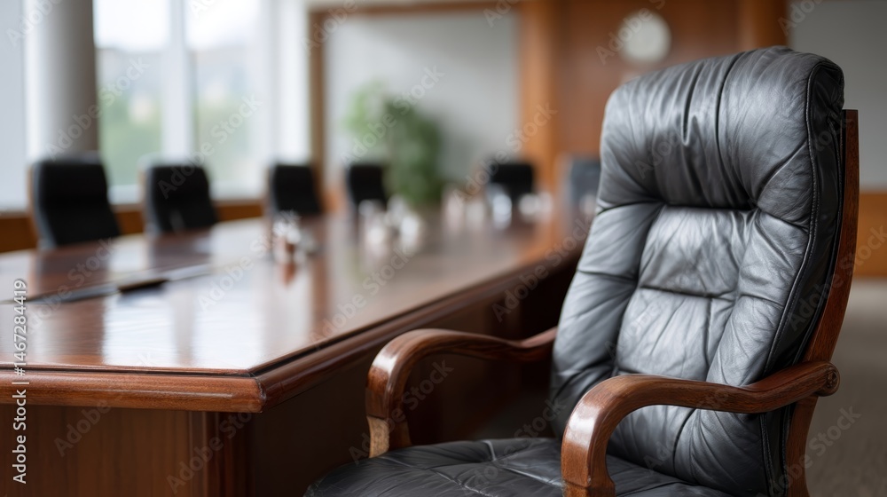 Poster conference room features a prominent empty chair in the foreground, elegantly positioned with a blur