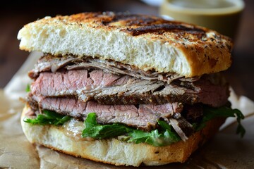 Delicious Roast Beef Gravy Sandwich with Freshly Baked Bread and Savory Filling