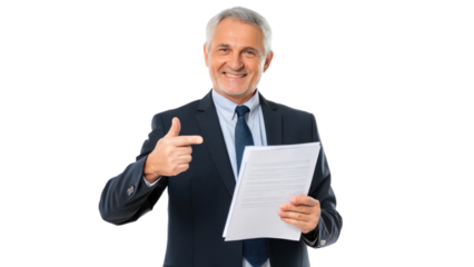Confident businessman holding a document and pointing. transparent background.