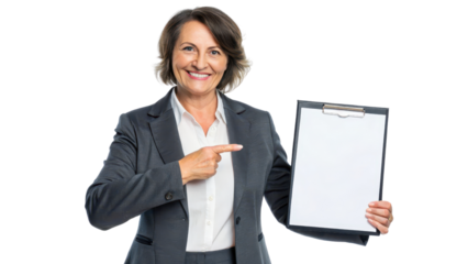 Smiling businesswoman holding a clipboard and pointing at it. transparent background.