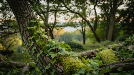 Fototapeta premium Forest Tree Trunk Covered In Moss And Ivy