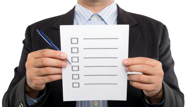 Checklist held by a man in a suit with a pen. transparent background.