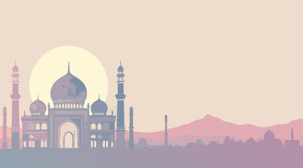 Watercolor Mosque Silhouette Background – Pastel Islamic Architecture with Intricate Patterns & Celebration Copy Space