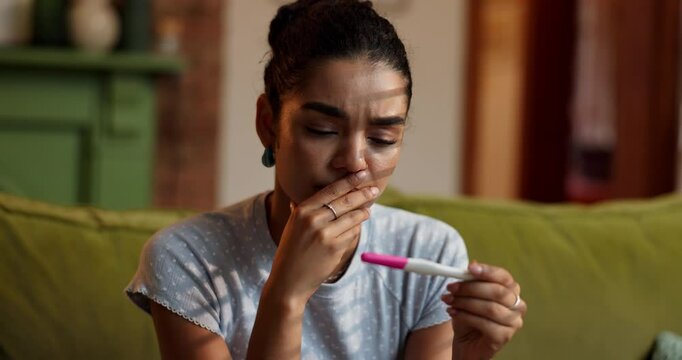 Home, woman and worry with pregnancy test, anxiety or disappointed with negative results or IVF fail. Stress, nervous and ovulation stick, bad news for female person and upset with infertility