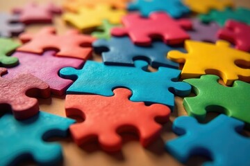Close-up diverse colored puzzle pieces fitting together , unity, cooperation, colors