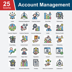 Obraz premium Account Management is a collection of icons representing the key processes involved in managing business accounts, including customer engagement, performance tracking, customer satisfaction, retention