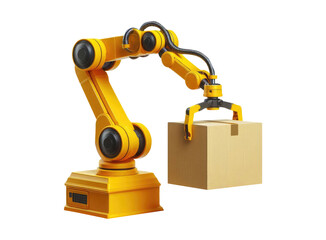 Yellow industrial AI robot arm lifting a cardboard box on a transparent background png artificial intelligence concept