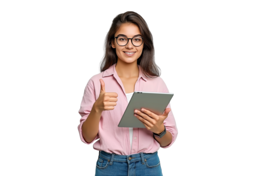Young female student showing thumb up and holding a tablet, isolated on transparent background