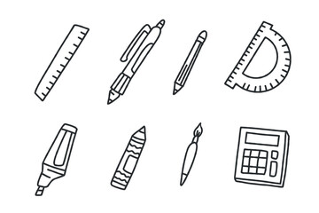 Set vector collection of office supplies. A set of school or office supplies. Colorless illustration. Back to school vector graphics