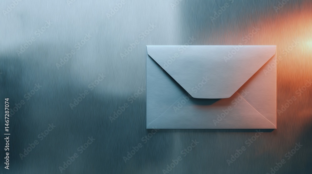 Poster An illuminated envelope shape shines with blue and orange hues on a brushed metal surface, creating a modern aesthetic with ample space for text on the right