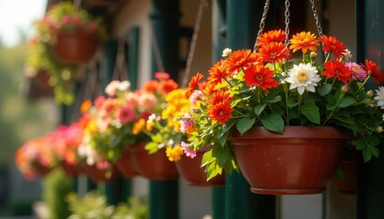 Vibrant blooming hanging baskets overflowing with colorful flowers , pretty, trailing plants