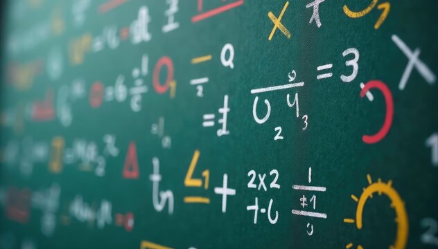 Close-up shot of various mathematical symbols written on a chalkboard , matrix, graph, infinity