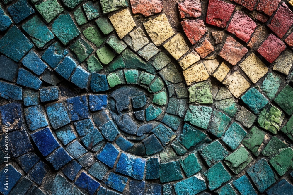 Poster a vibrant mosaic of textured tiles arranged in a swirling pattern, showcasing a gradient of cool to 
