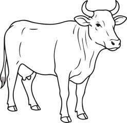 Cow vector illustration on white background, silhouette, line art, outline, icon black and white