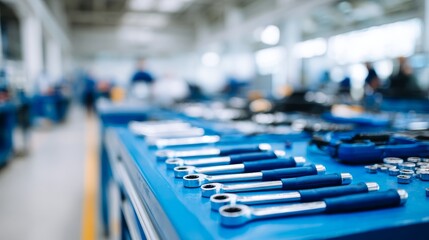 Obraz premium Neatly arranged mechanic tools on a workstation in a well-lit garage, highlighting the automotive environment with clear organization and clean aesthetics