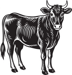 Cow vector illustration on white background, silhouette, line art, outline, icon black and white