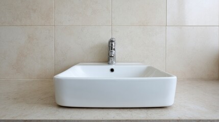 Fototapeta premium Modern white ceramic basin features a sleek chrome faucet, positioned against soft beige tile walls, illuminated by ambient lighting that highlights its clean lines
