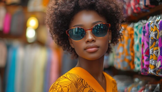 A woman with curly hair and brown eyes is wearing sunglasses and earrings - Powered by Adobe