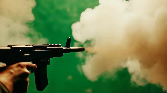 Submachine gun firing with bullet casings ejecting on a green backdrop