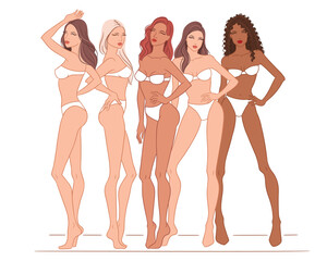 Fashion croquis template featuring five female models posing in a stylish group composition. Perfect for fashion designers and illustrators to create clothing designs and fashion collections.