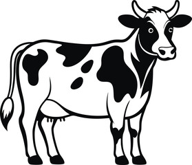 Cow vector illustration on white background, silhouette, line art, outline, icon black and white