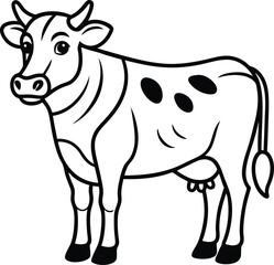 Cow vector illustration on white background, silhouette, line art, outline, icon black and white