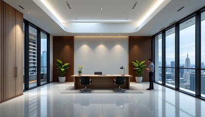 Stylish man working in a modern office featuring minimalist design and sleek furniture