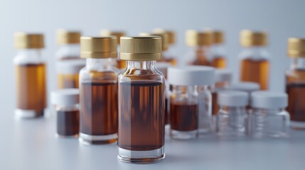 Bottles of brown liquid isolated on white background
