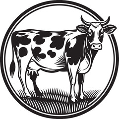 Cow vector illustration on white background, silhouette, line art, outline, icon black and white