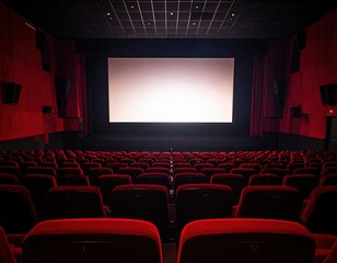 Empty Movie Theater With Red Seats And Blank Screen
