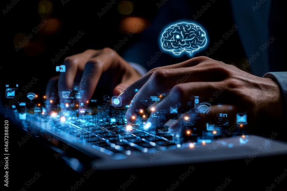 Aufkleber a person is typing on a computer keyboard with a brain symbol above their hand